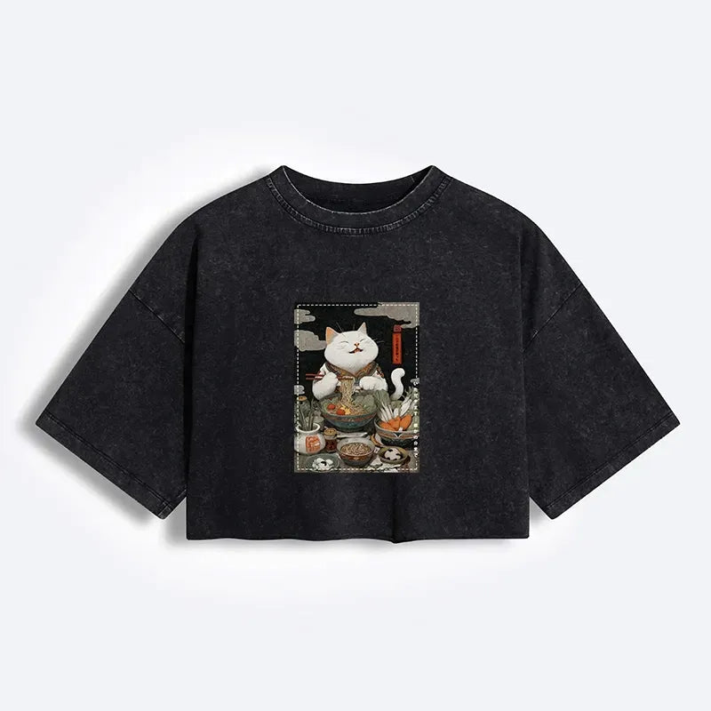 Ramen Loving Cat Washed Crop T-Shirt for Women
