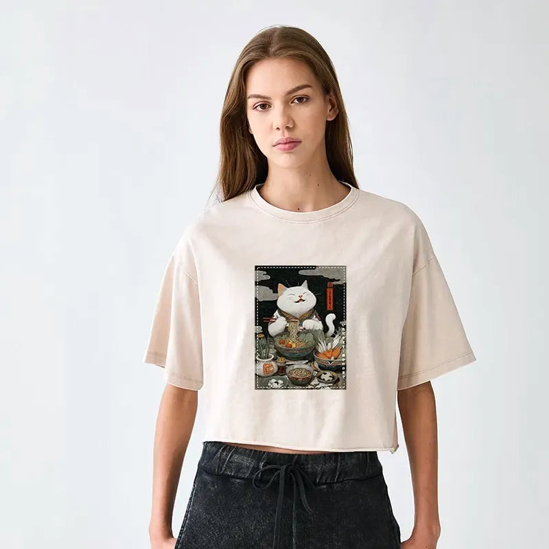 Ramen Loving Cat Washed Crop T-Shirt for Women