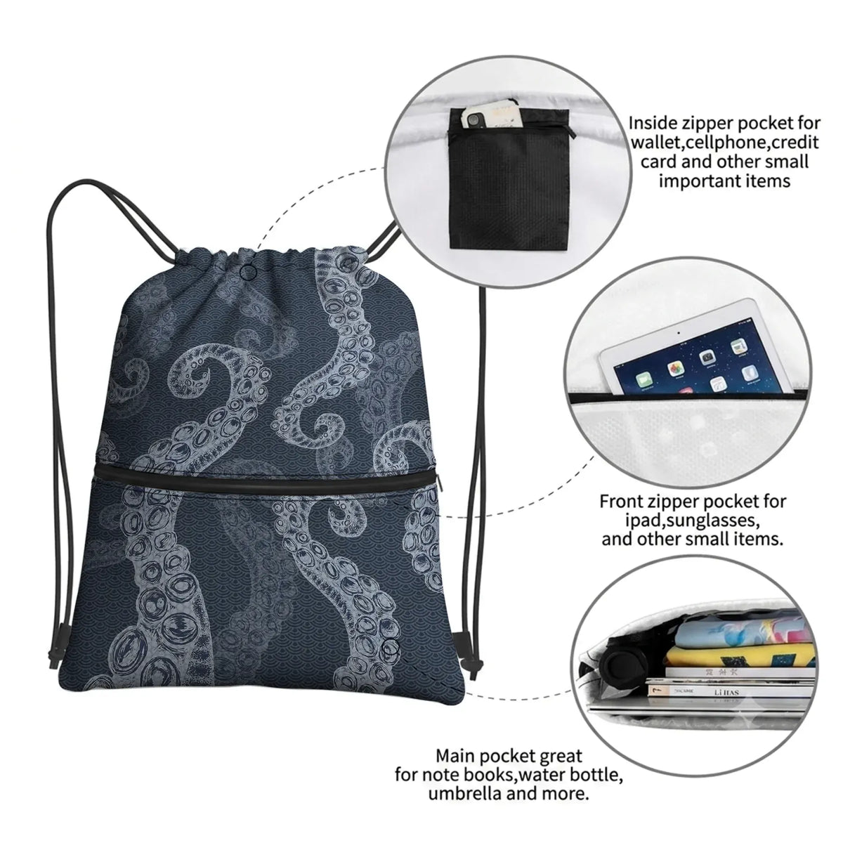 Japanese octopus drawstring backpack for travel