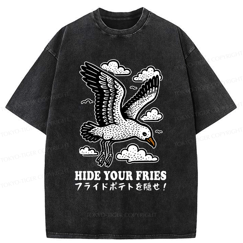 Kyoto-Lion Funny Seagulls Stealing French Fries Washed T-Shirt