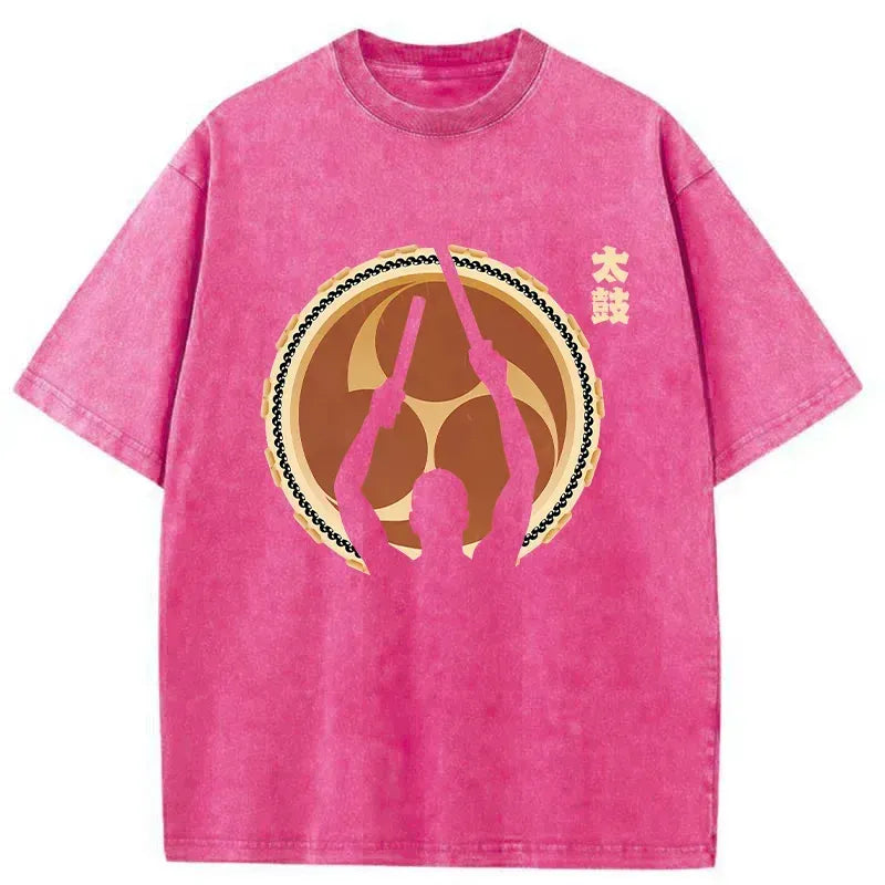 Japanese Drums Washed T-Shirt for Daily Wear