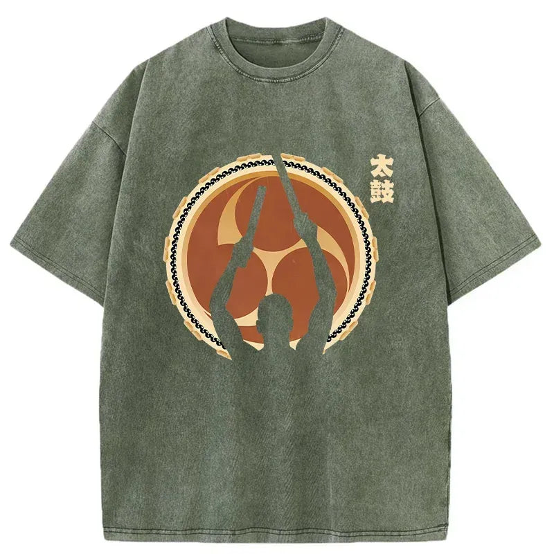 Japanese Drums Washed T-Shirt for Daily Wear
