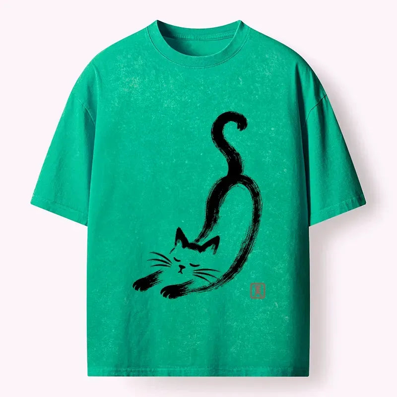 Kyoto-Lion Soft Ink Stretch Cat Oriental Brush Art Washed T-Shirt