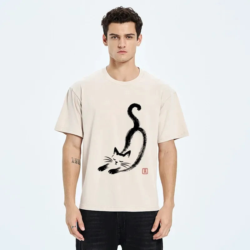 Japanese brush art cat t-shirt for daily wear