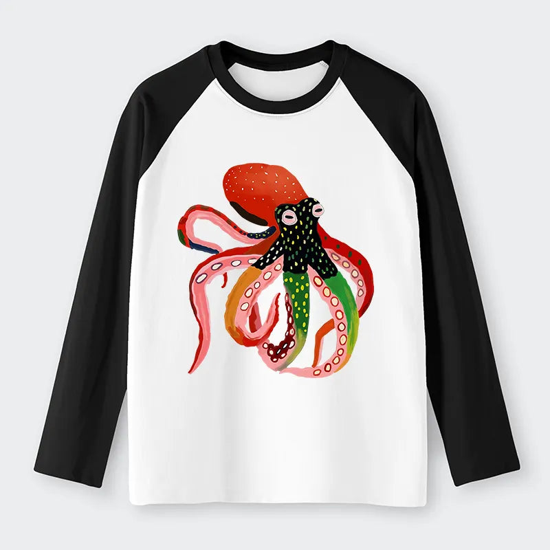Kyoto-Lion Colorful Octopus Art Raglan Long Sleeve T-shirt
