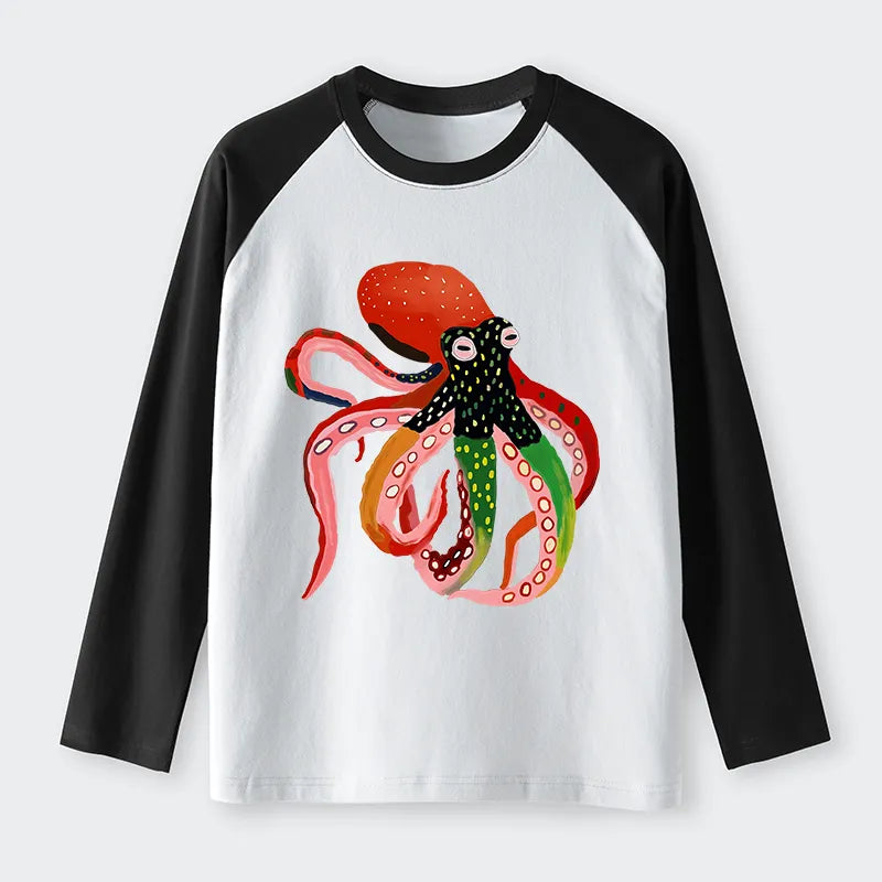 Kyoto-Lion Colorful Octopus Art Raglan Long Sleeve T-shirt