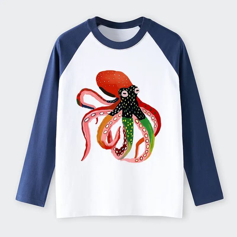 Kyoto-Lion Colorful Octopus Art Raglan Long Sleeve T-shirt