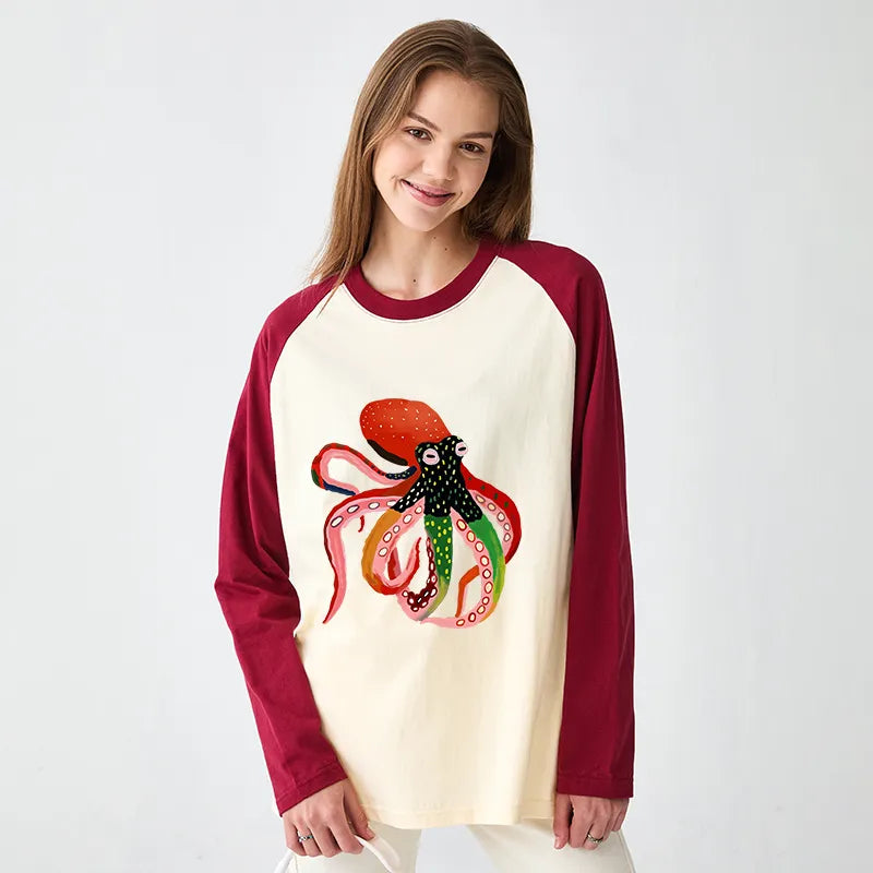 Kyoto-Lion Colorful Octopus Art Raglan Long Sleeve T-shirt