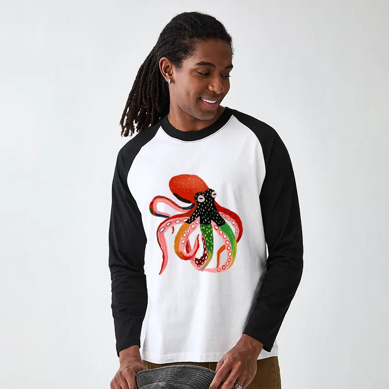 Kyoto-Lion Colorful Octopus Art Raglan Long Sleeve T-shirt