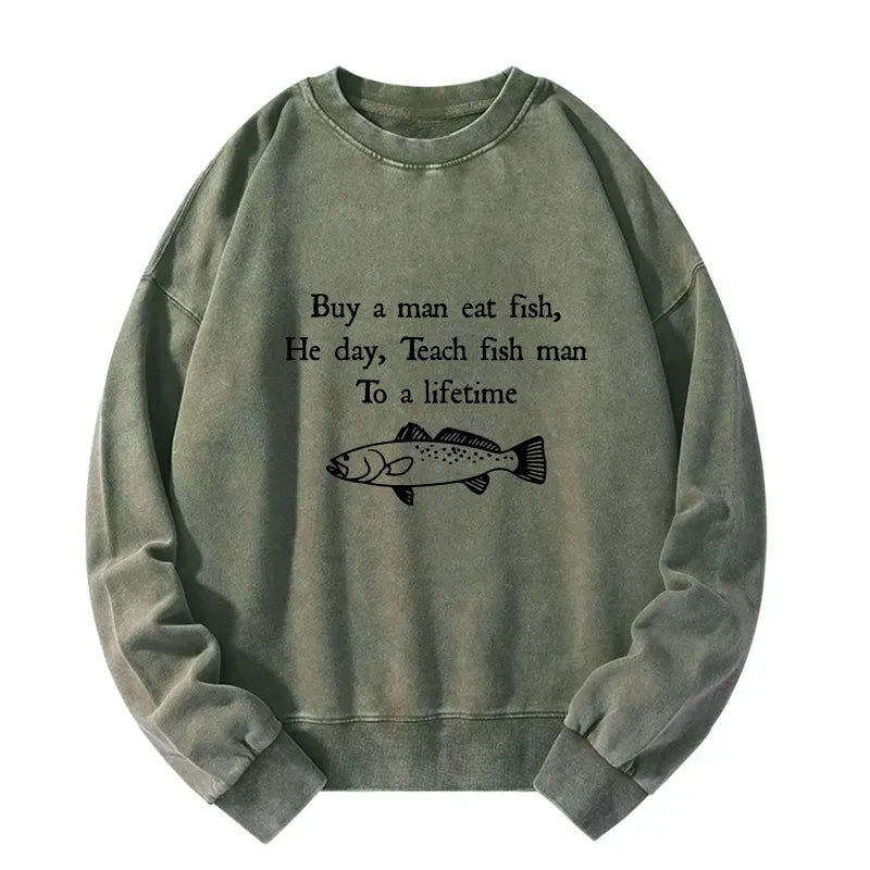 Kyoto-Lion Man Eat Fish Meme Washed Sweatshirt