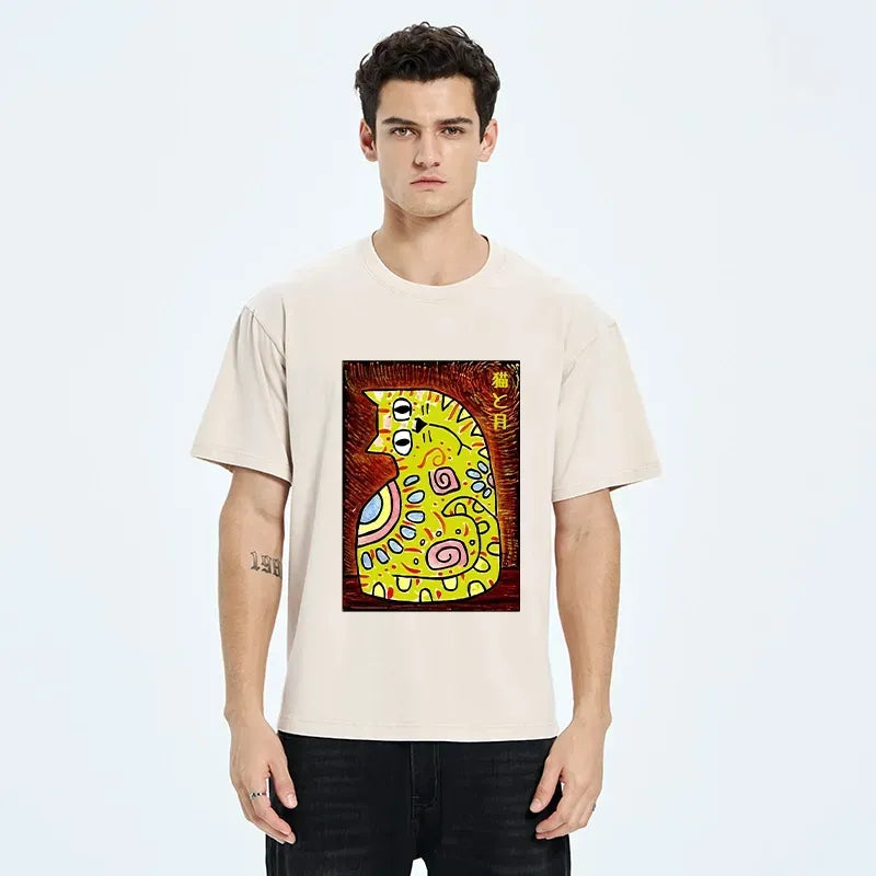Kyoto-Lion Folk Art Cat And Moon Washed T-Shirt