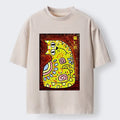 Kyoto-Lion Folk Art Cat And Moon Washed T-Shirt