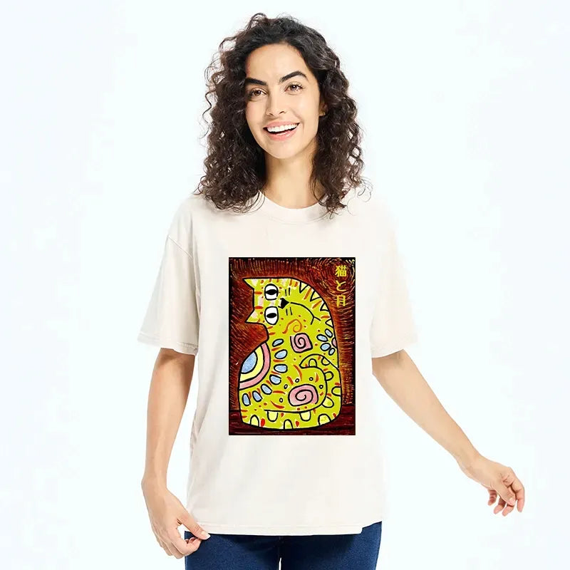 japanese folk art cat moon t-shirt