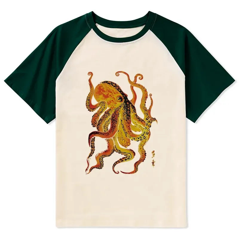 Japanese Octopus Raglan T-shirt for Summer