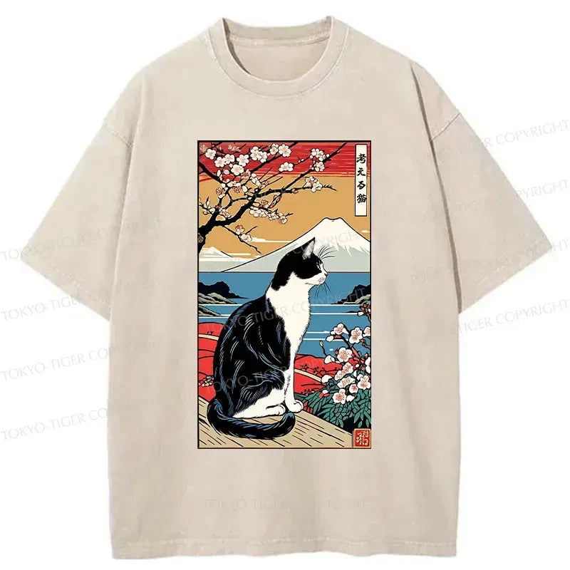 Kyoto-Lion Thinking Cat Poster Washed T-Shirt