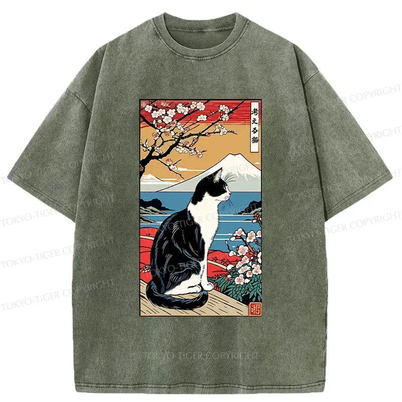 Kyoto-Lion Thinking Cat Poster Washed T-Shirt
