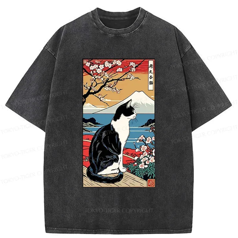 Kyoto-Lion Thinking Cat Poster Washed T-Shirt