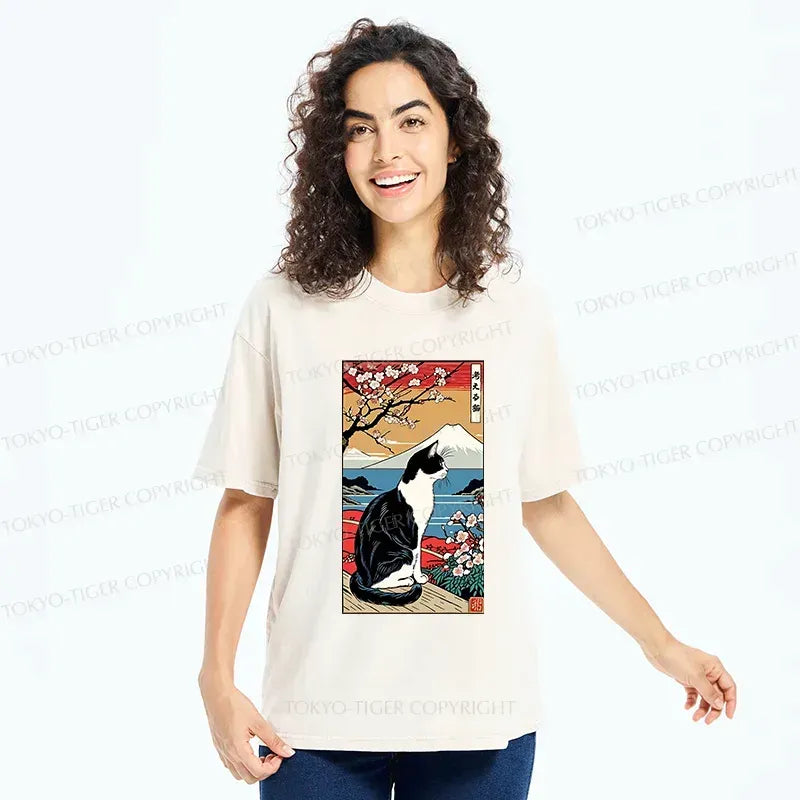 Kyoto-Lion Thinking Cat Poster Washed T-Shirt