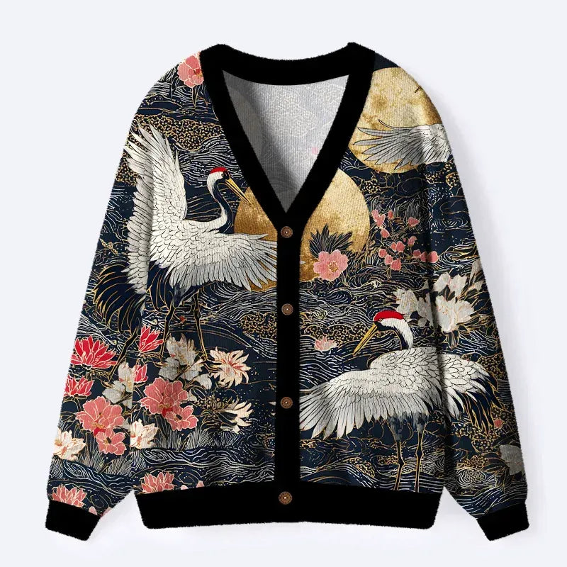 Kyoto-Lion Traditional Crane Ugly Cardigan Sweater