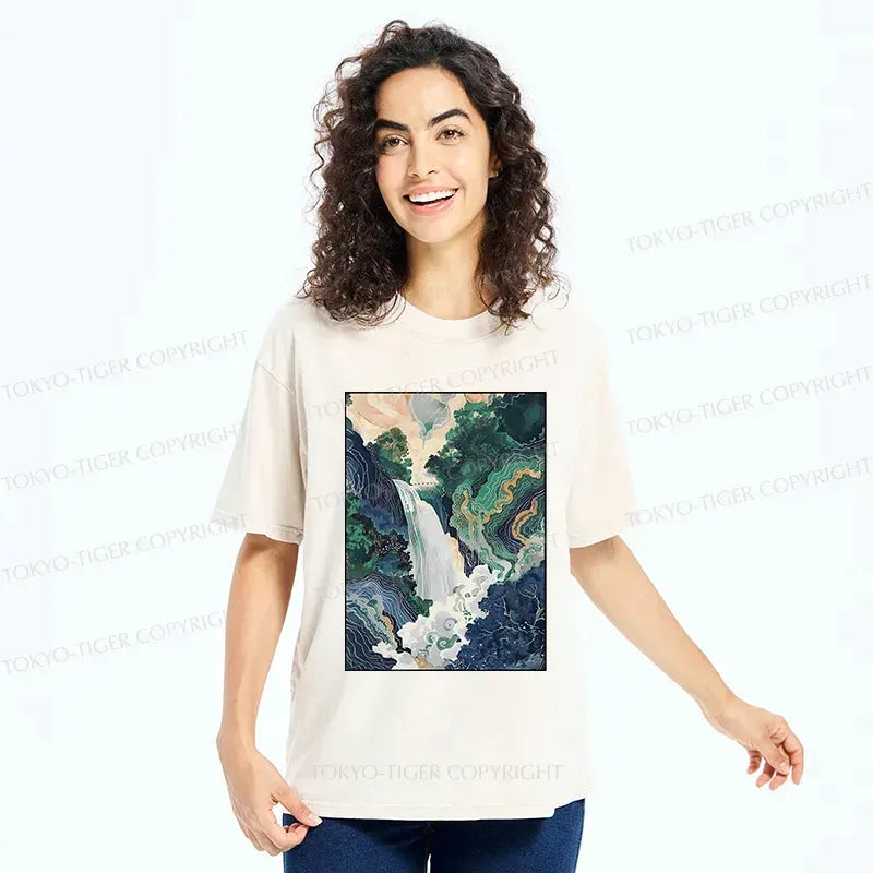 Kyoto-Lion Japanese Landscape Painting Washed T-Shirt