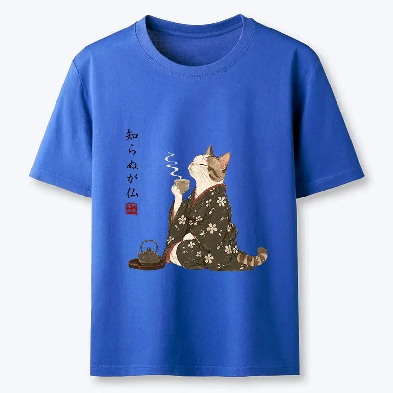 Cat Drinking Tea Vintage Kimono Tee
