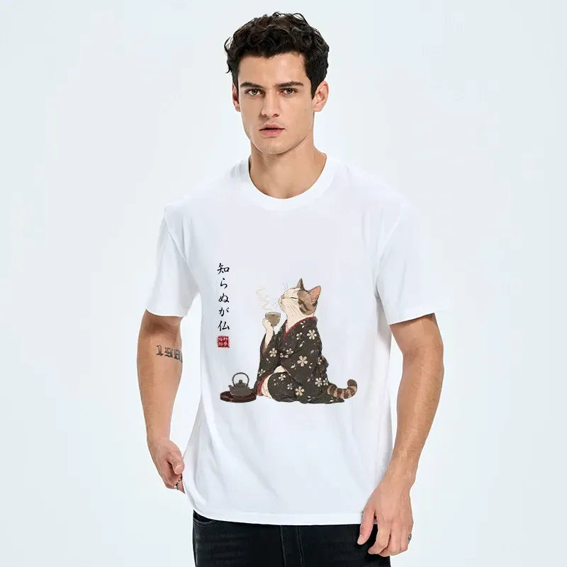 Cat Drinking Tea Vintage Kimono Tee