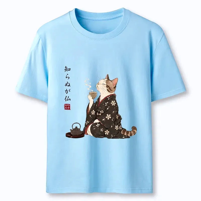 Cat Drinking Tea Vintage Kimono Tee