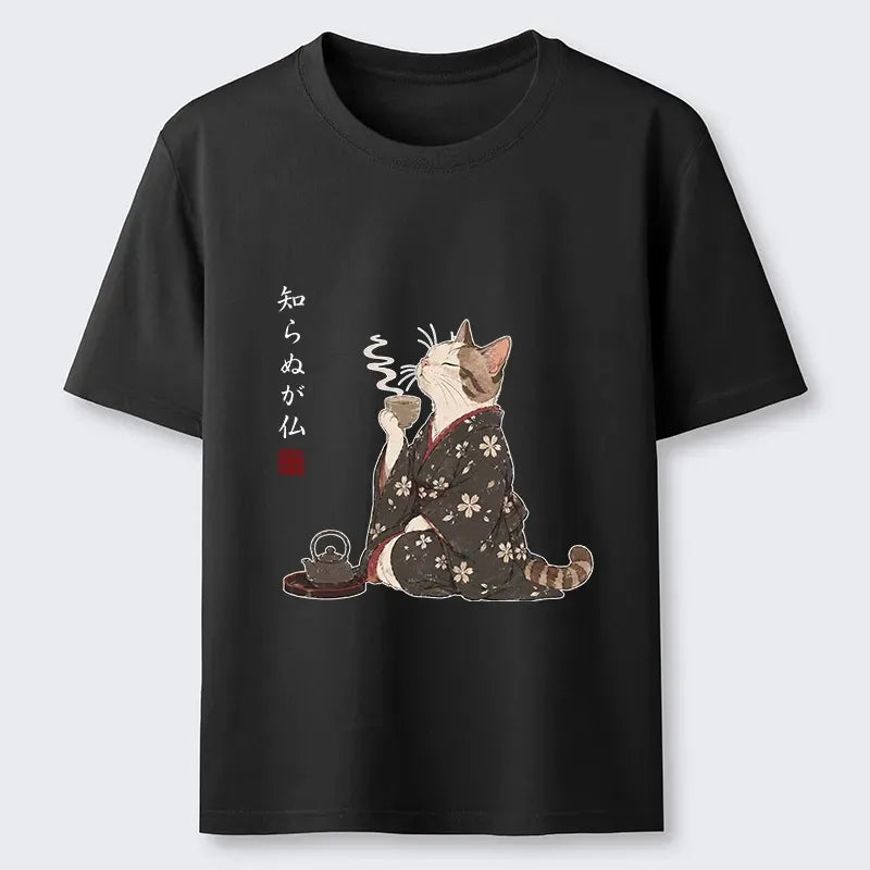 Cat Drinking Tea Vintage Kimono Tee
