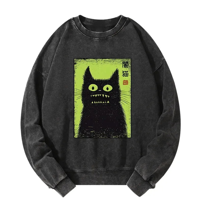 Kyoto-Lion Spooky Black Cat Japanese Washed Sweatshirt