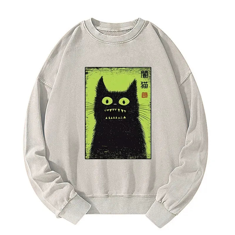 Kyoto-Lion Spooky Black Cat Japanese Washed Sweatshirt