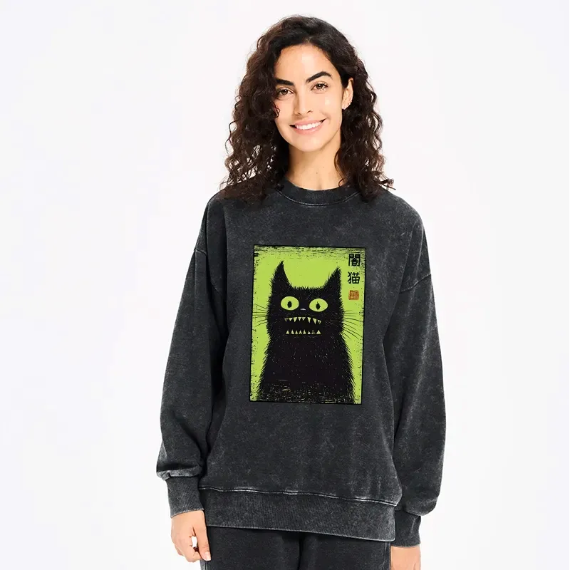 Kyoto-Lion Spooky Black Cat Japanese Washed Sweatshirt