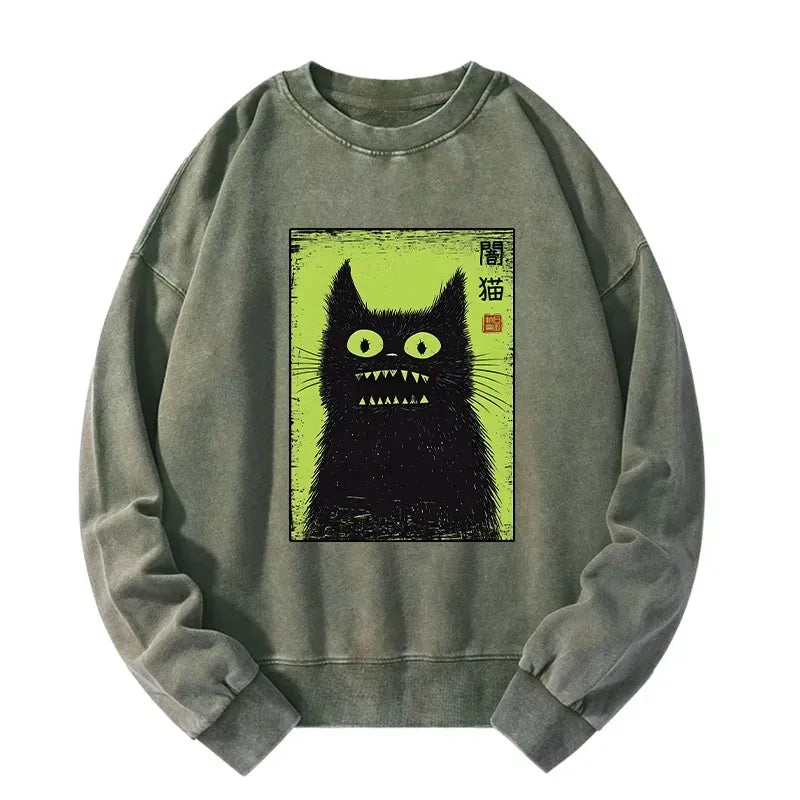 Kyoto-Lion Spooky Black Cat Japanese Washed Sweatshirt
