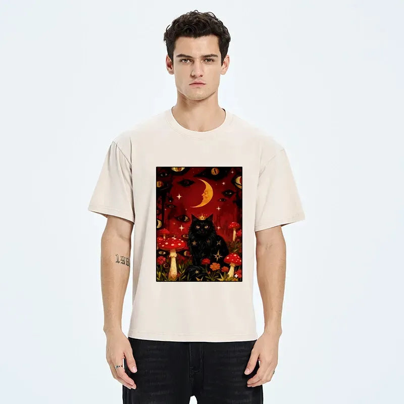 Kyoto-Lion Mystic Cat Amid Red Spotted Mushrooms Washed T-Shirt