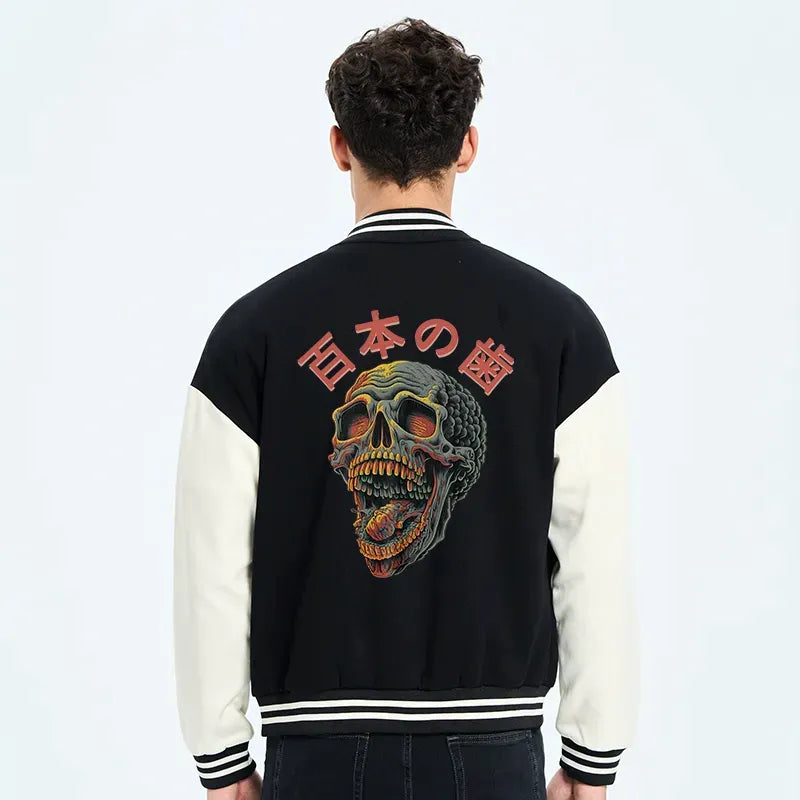 terrifying skull embroidered varsity jacket