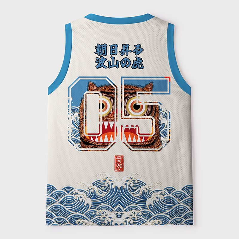 Kyoto-Lion Folk Art Tiger Standing On Waves Mesh Tank Top