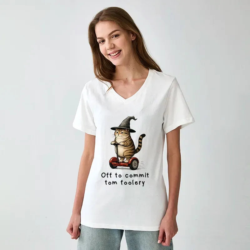 Kyoto-Lion Orange Cat Riding Segway-style V-Neck Classic T-Shirt