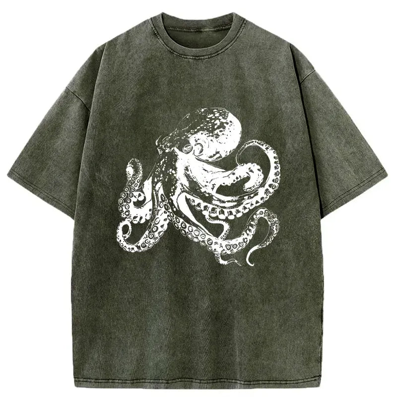 Kyoto-Lion Woodcut Octopus Japan Washed T-Shirt