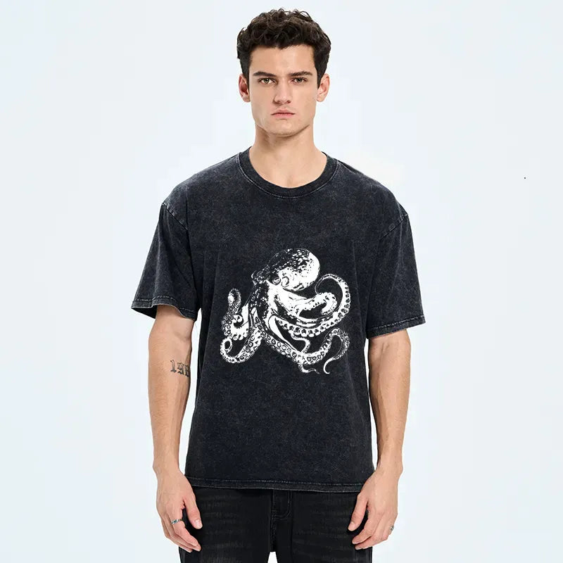 Kyoto-Lion Woodcut Octopus Japan Washed T-Shirt