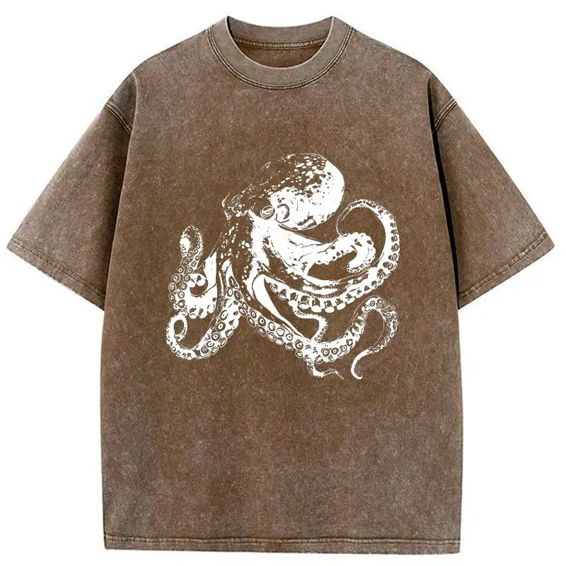 Kyoto-Lion Woodcut Octopus Japan Washed T-Shirt