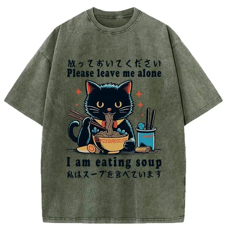 Kyoto-Lion Cat Enchanted By Ramen Washed T-Shirt
