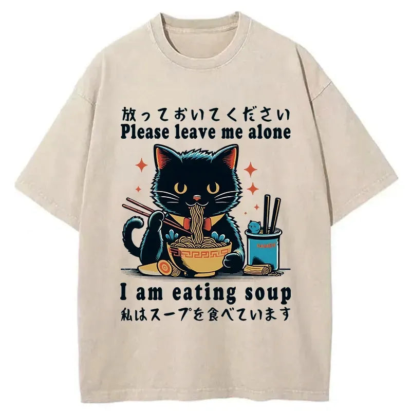Kyoto-Lion Cat Enchanted By Ramen Washed T-Shirt
