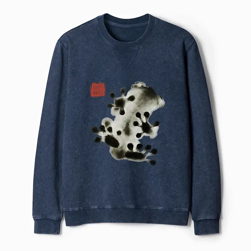 Kyoto-Lion Ink Painting Frog Washed Terry Sweatshirt