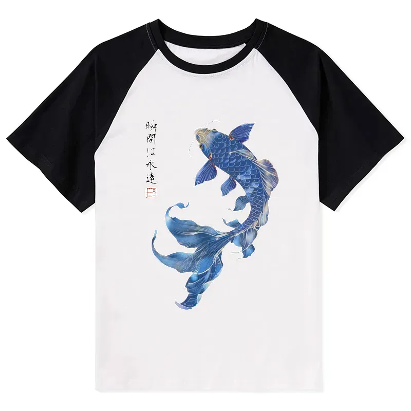 Kyoto-Lion Lucky Blue Koi Fish Art Raglan T-shirt