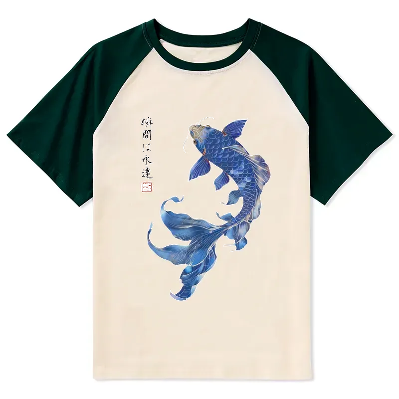 Kyoto-Lion Lucky Blue Koi Fish Art Raglan T-shirt