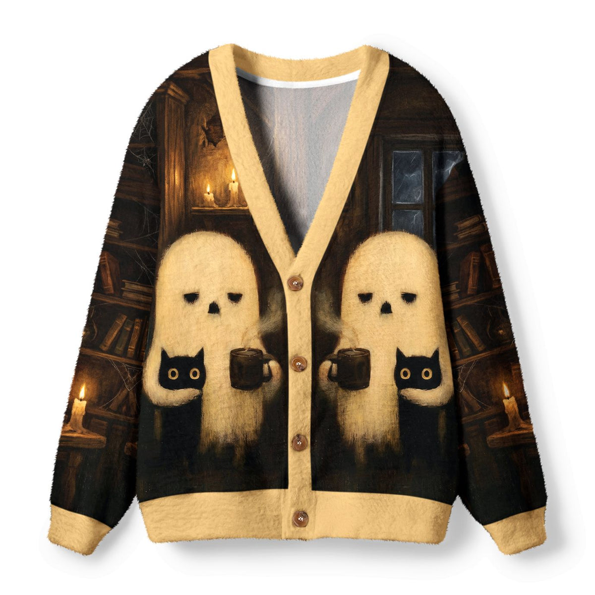 Kyoto-Lion Ghost And Cat Coffee Break Ugly Cardigan Sweater
