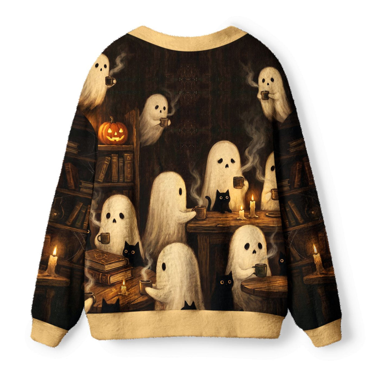 Kyoto-Lion Ghost And Cat Coffee Break Ugly Cardigan Sweater