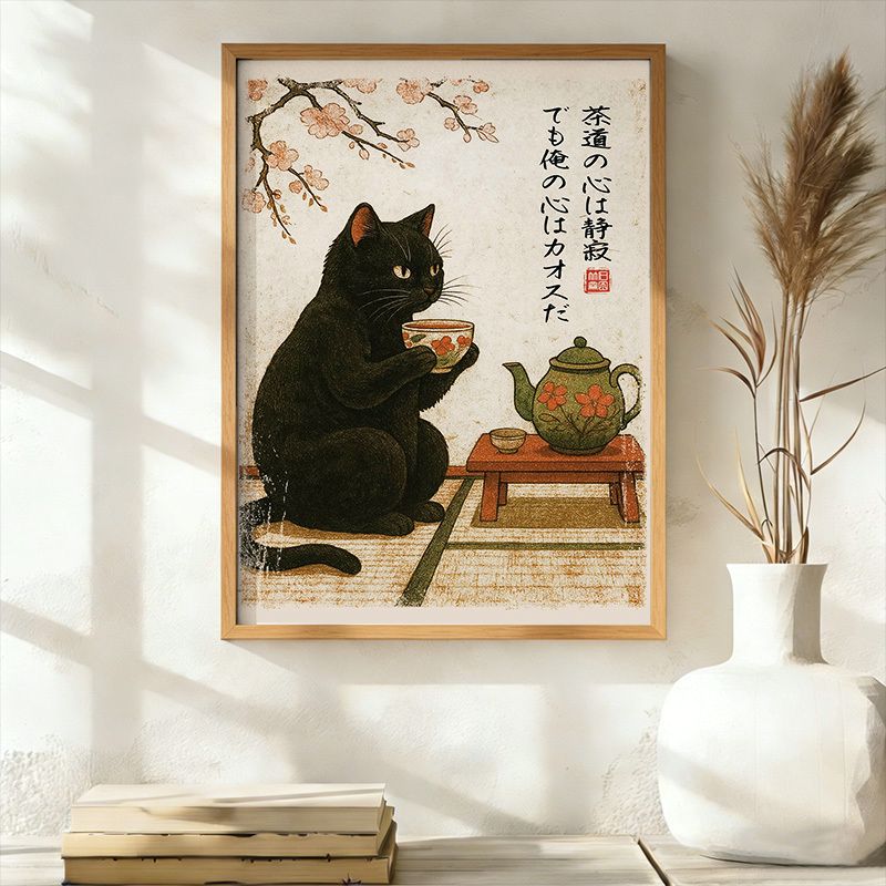 Kyoto-Lion Tea Time With A Black Cat Wall Art Poster