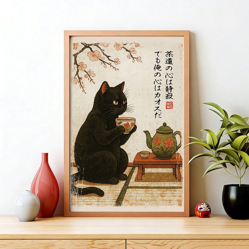black cat tea time japanese wall art