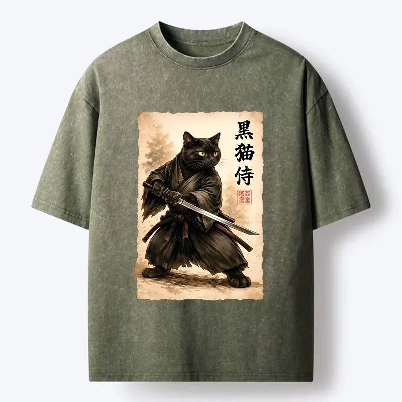 Japanese Samurai Cat Washed T-Shirt
