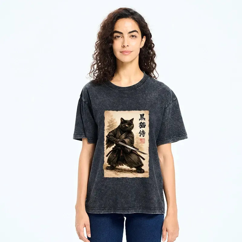 Japanese Samurai Cat Washed T-Shirt